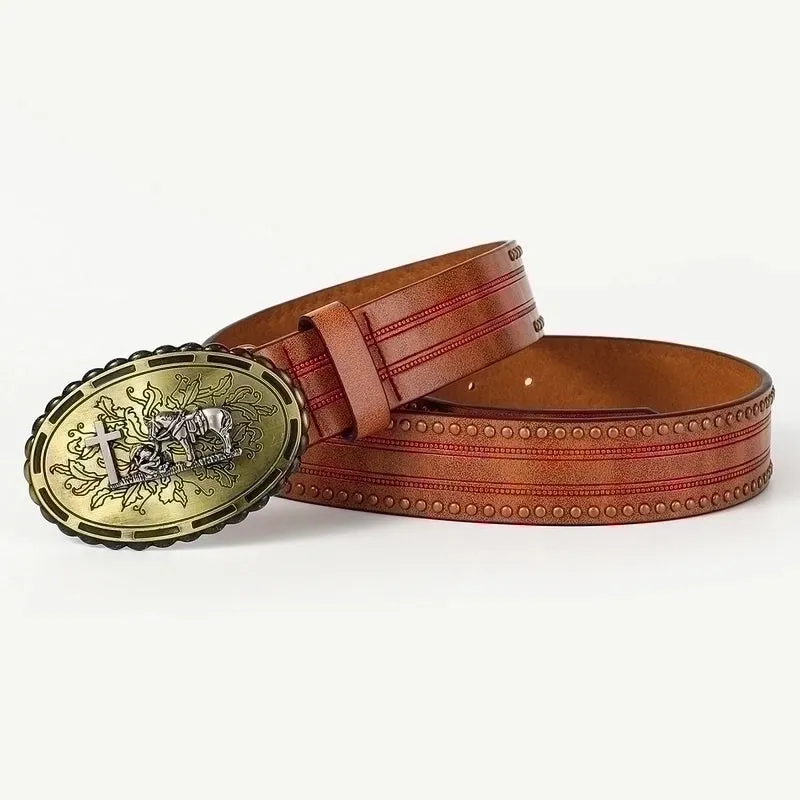 Retro Cowboy Style Horse Pu Leather Metal Button Men's Leather Belts