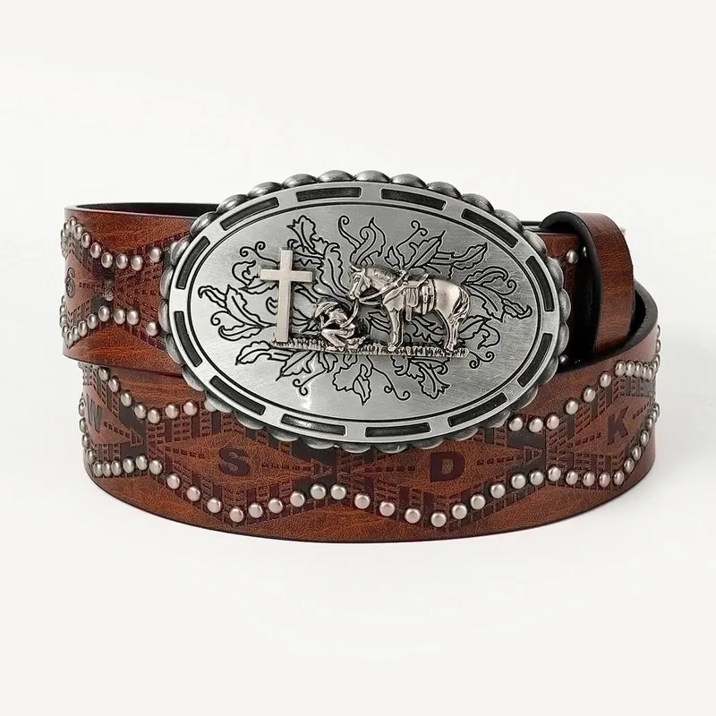 Retro Cowboy Style Horse Pu Leather Metal Button Men's Leather Belts