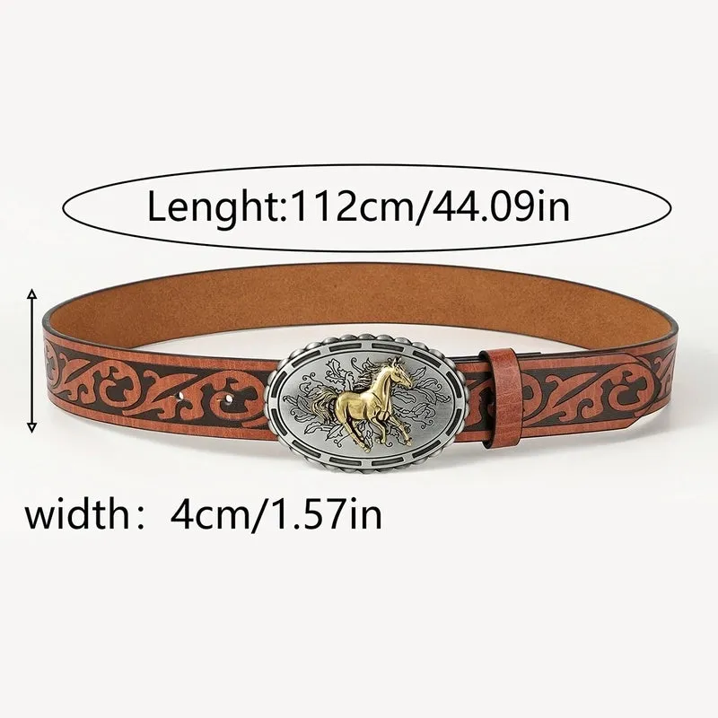 Retro Cowboy Style Horse Pu Leather Metal Button Men's Leather Belts