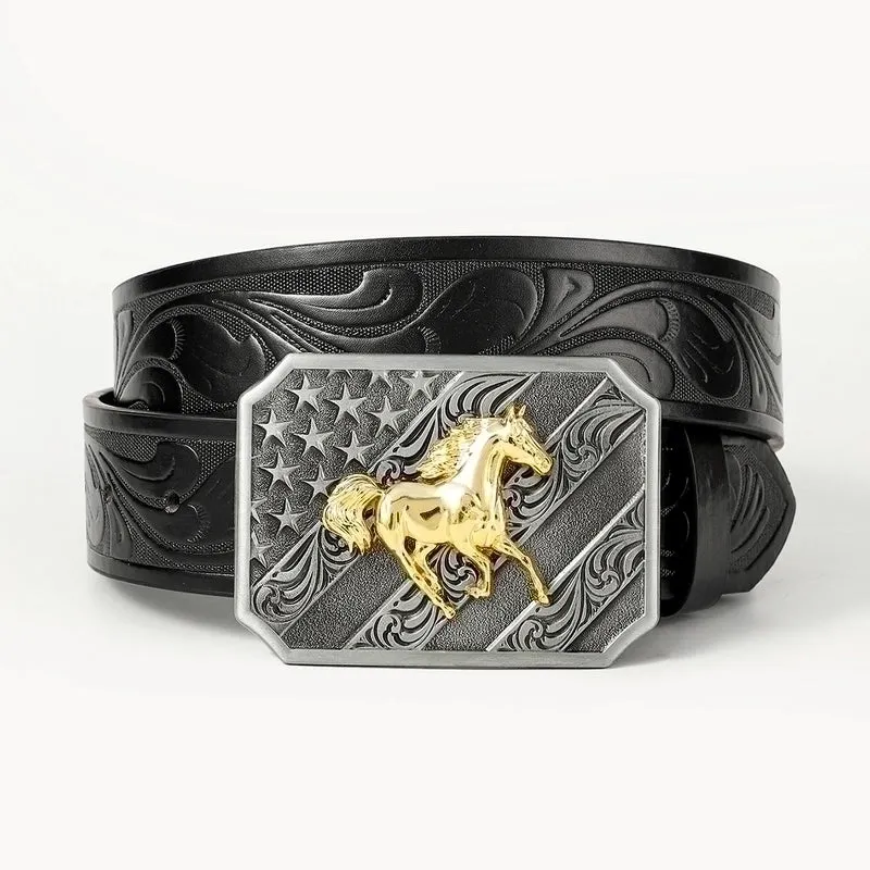 Retro Cowboy Style Horse Pu Leather Metal Button Men's Leather Belts