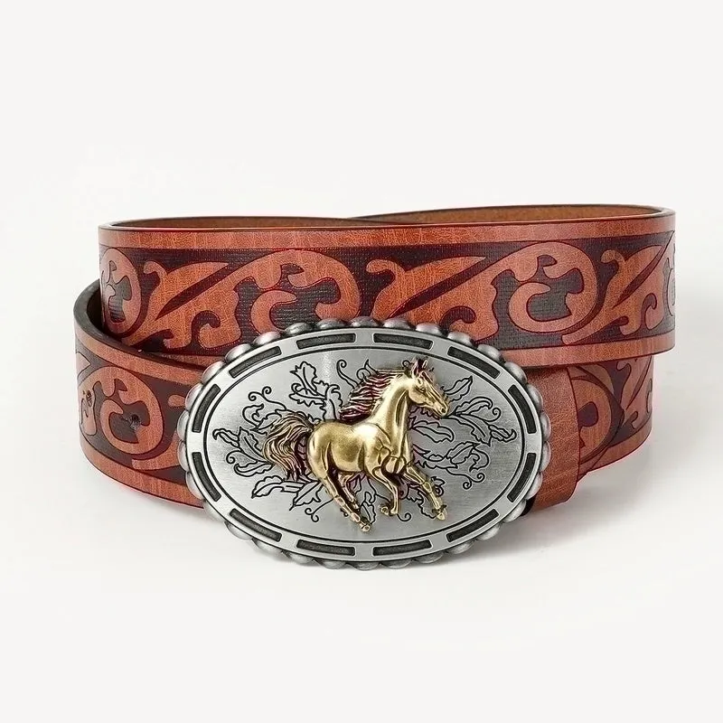 Retro Cowboy Style Horse Pu Leather Metal Button Men's Leather Belts