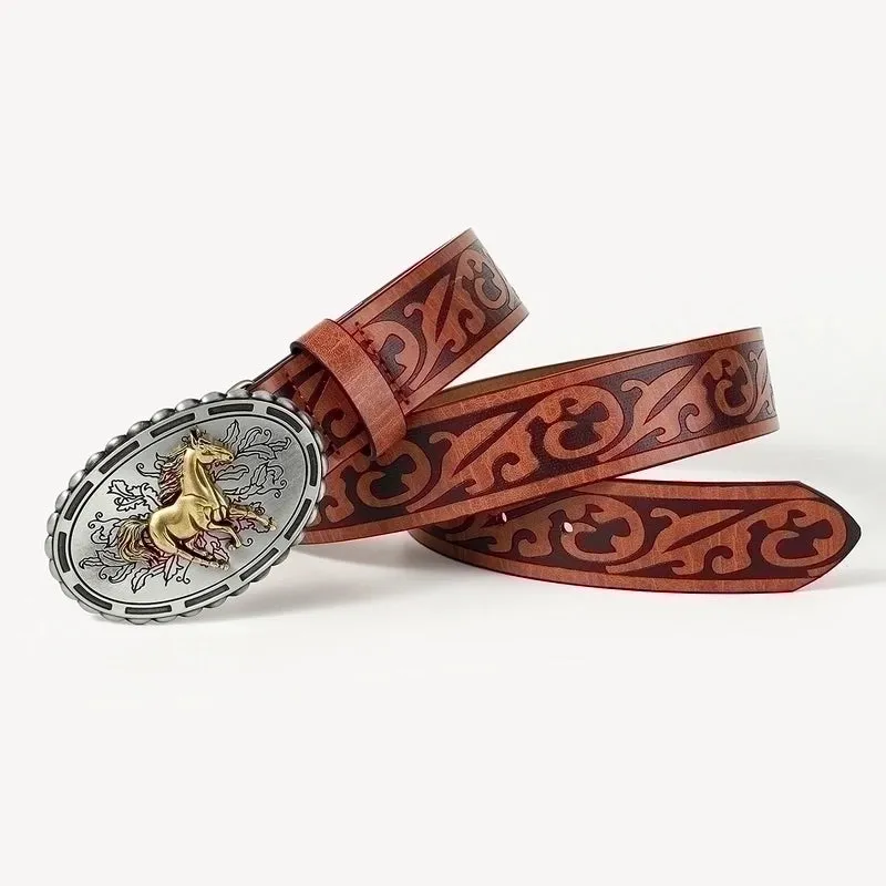 Retro Cowboy Style Horse Pu Leather Metal Button Men's Leather Belts