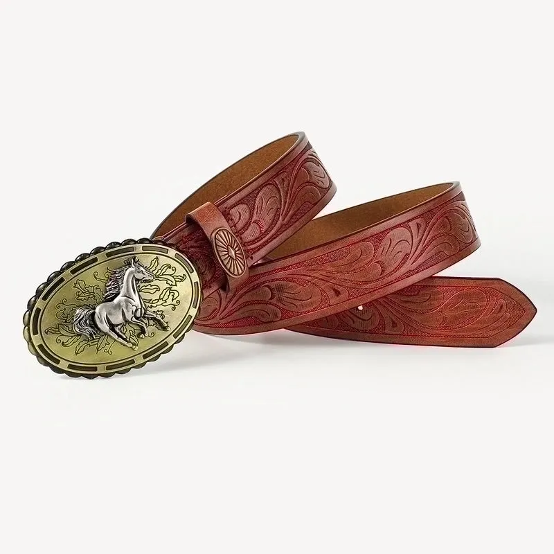 Retro Cowboy Style Horse Pu Leather Metal Button Men's Leather Belts