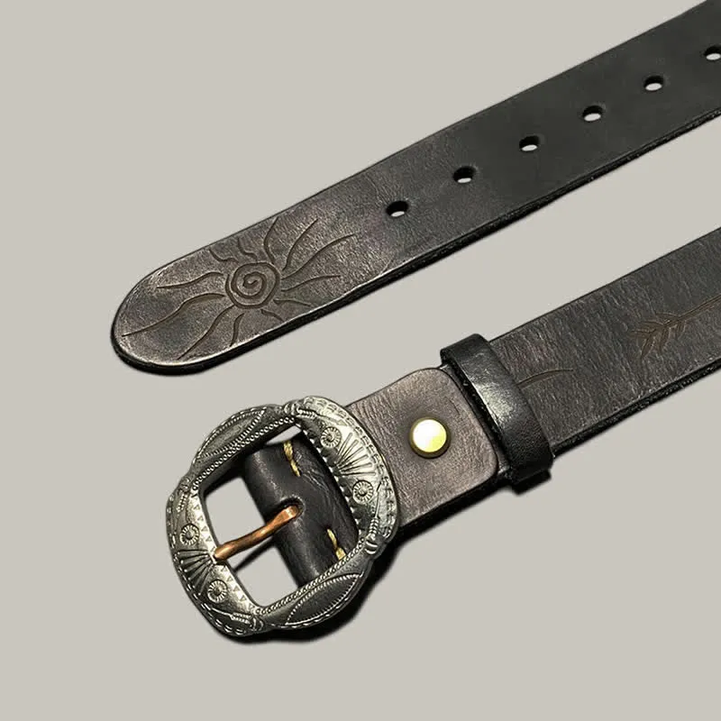 Retro Embossed Sun Pattern Silver Buckle Leather Belt