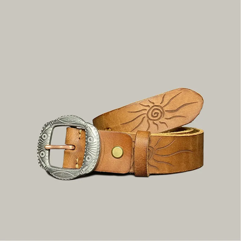 Retro Embossed Sun Pattern Silver Buckle Leather Belt