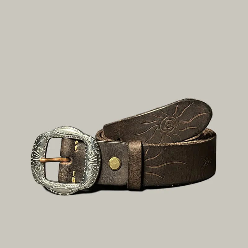 Retro Embossed Sun Pattern Silver Buckle Leather Belt