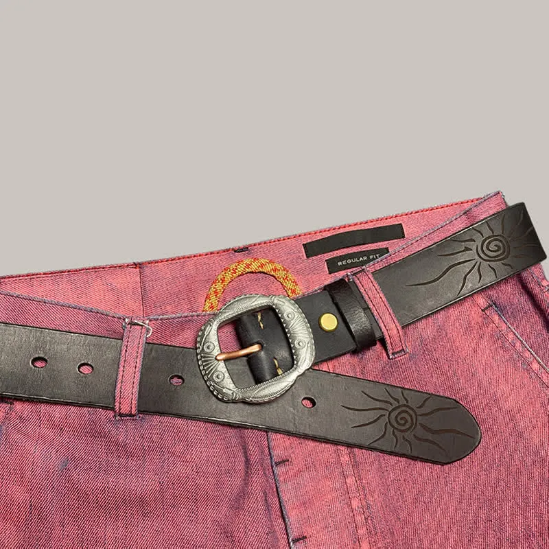 Retro Embossed Sun Pattern Silver Buckle Leather Belt