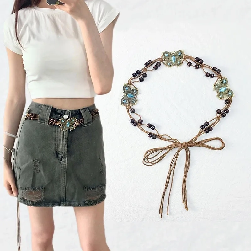 Retro Ethnic Style Bohemian Bow Knot Alloy Cotton And Linen Wax Rope Beaded Women's Chain Belts