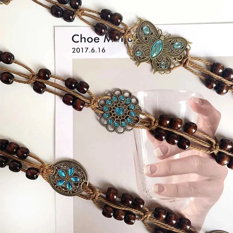 Retro Ethnic Style Bohemian Bow Knot Alloy Cotton And Linen Wax Rope Beaded Women's Chain Belts