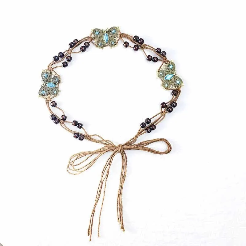 Retro Ethnic Style Bohemian Bow Knot Alloy Cotton And Linen Wax Rope Beaded Women's Chain Belts