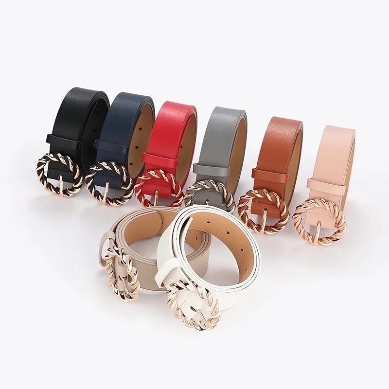 Retro Round Solid Color Pu Leather Alloy Women's Leather Belts