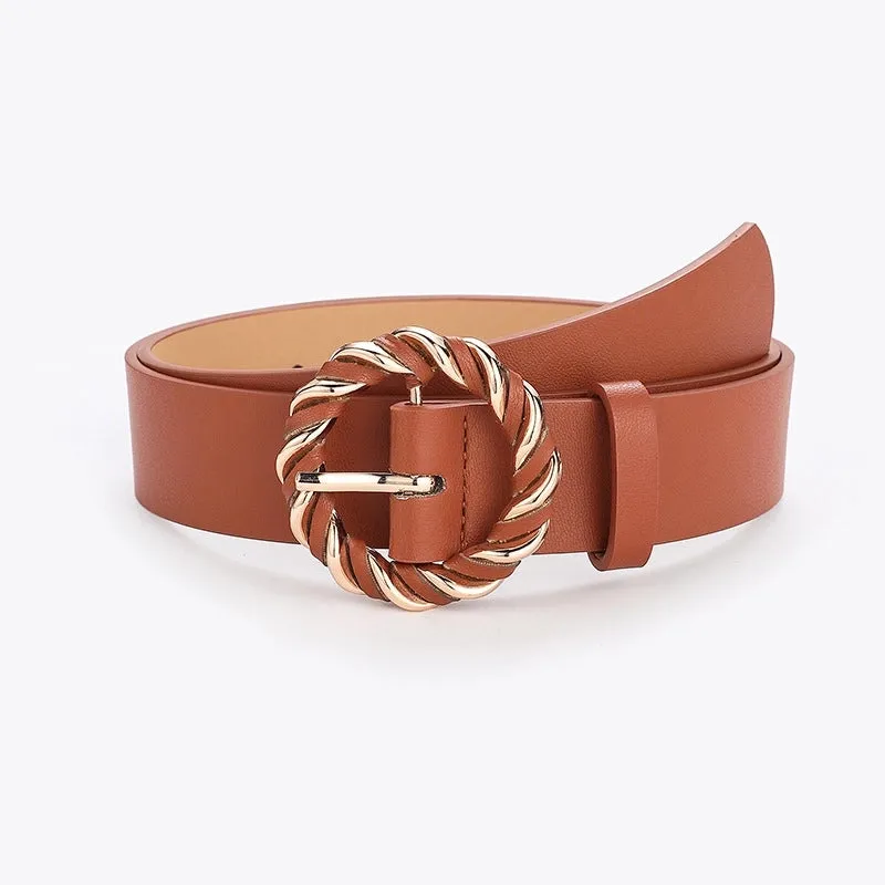 Retro Round Solid Color Pu Leather Alloy Women's Leather Belts