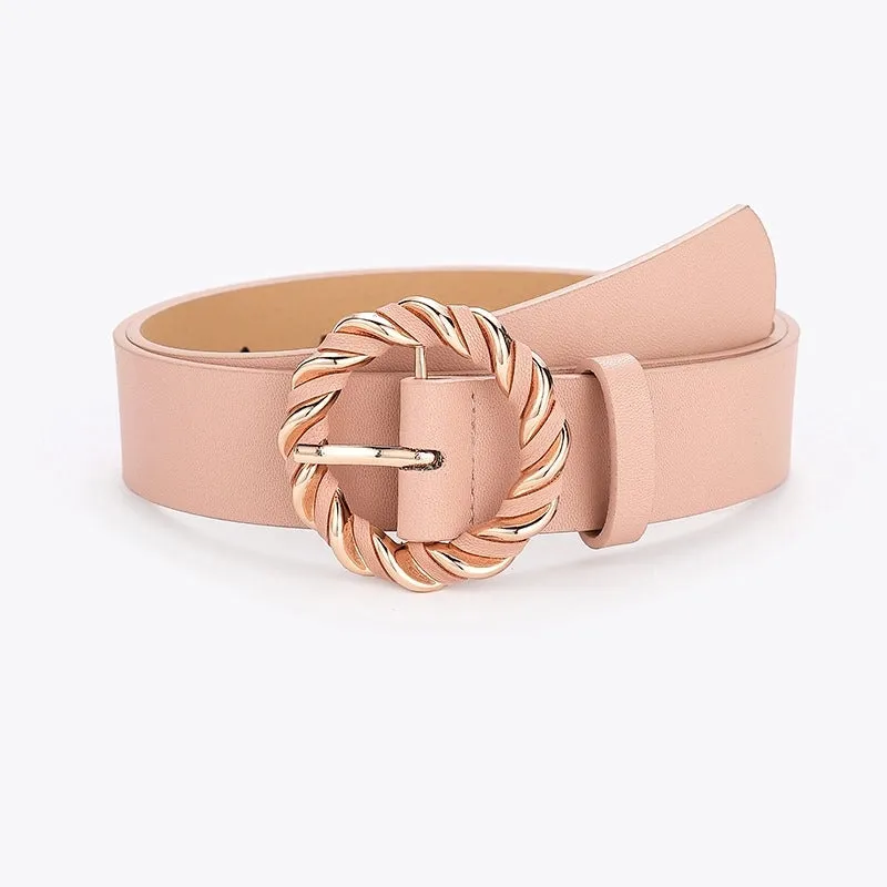 Retro Round Solid Color Pu Leather Alloy Women's Leather Belts