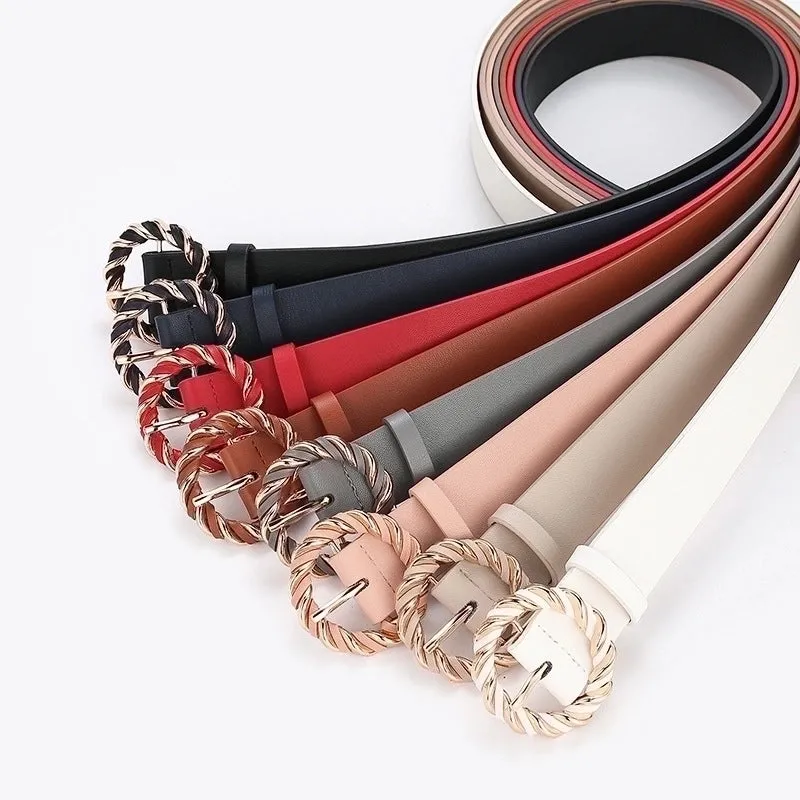 Retro Round Solid Color Pu Leather Alloy Women's Leather Belts