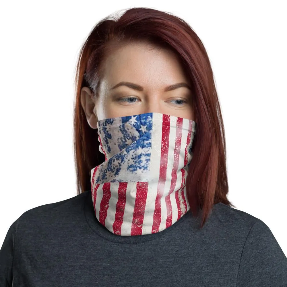 Rusty USA American flag, Patriotic designer Neck Gaiter scarf mask, reusable washable Patriot print fabric tube Face cover unisex men women