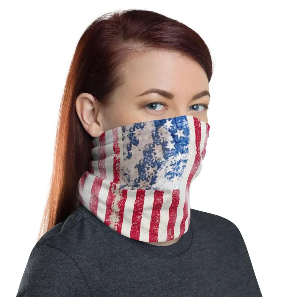 Rusty USA American flag, Patriotic designer Neck Gaiter scarf mask, reusable washable Patriot print fabric tube Face cover unisex men women