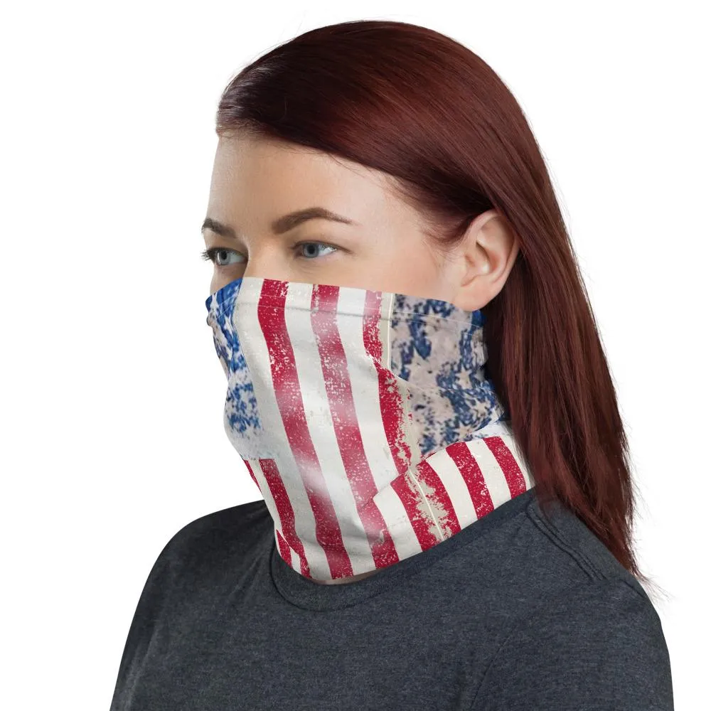 Rusty USA American flag, Patriotic designer Neck Gaiter scarf mask, reusable washable Patriot print fabric tube Face cover unisex men women