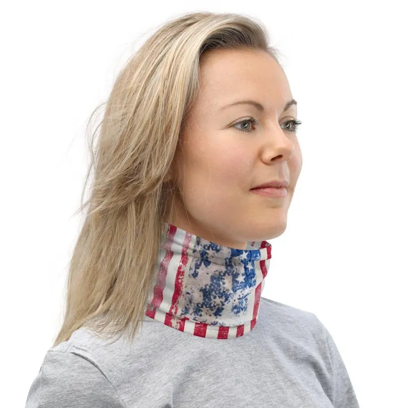 Rusty USA American flag, Patriotic designer Neck Gaiter scarf mask, reusable washable Patriot print fabric tube Face cover unisex men women