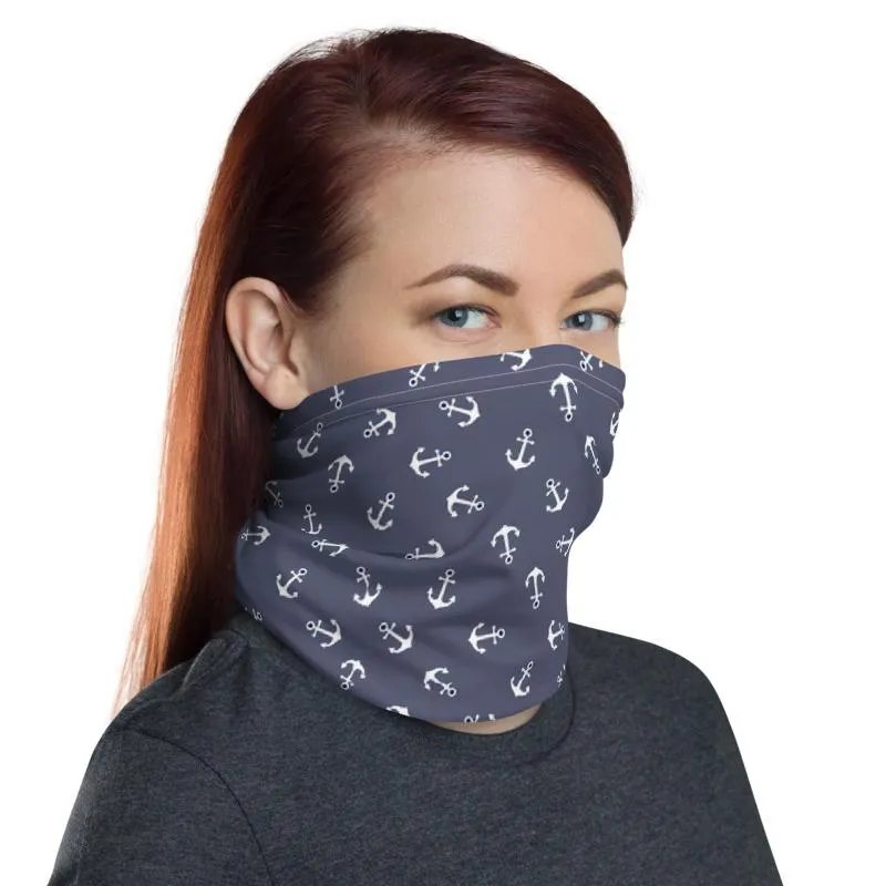 Ship anchor white with purple background pattern mask Face cover, Neck Gaiter scarf, Balaclava Wristband Hairband, Head wrap shield covering