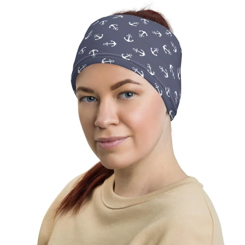 Ship anchor white with purple background pattern mask Face cover, Neck Gaiter scarf, Balaclava Wristband Hairband, Head wrap shield covering