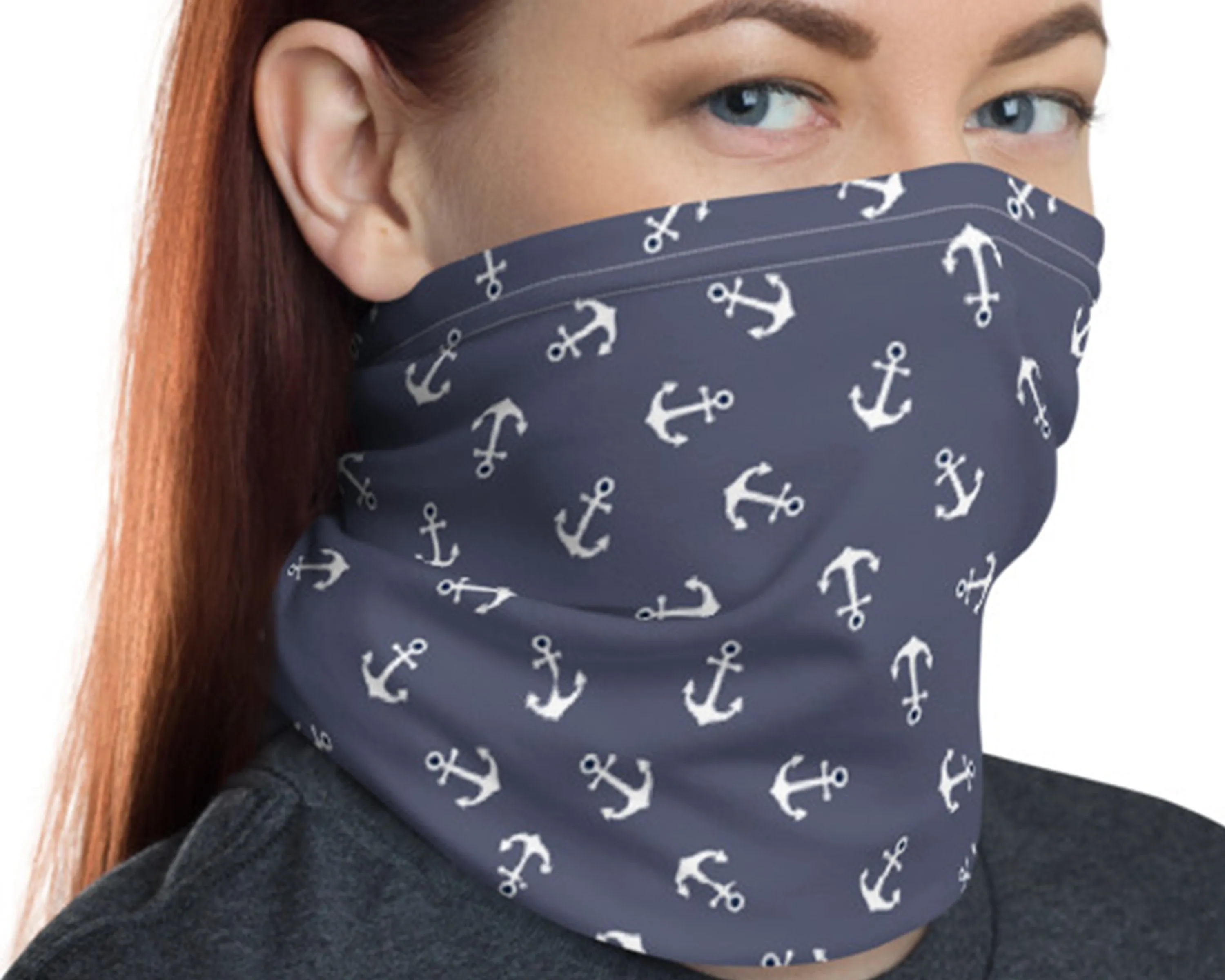 Ship anchor white with purple background pattern mask Face cover, Neck Gaiter scarf, Balaclava Wristband Hairband, Head wrap shield covering