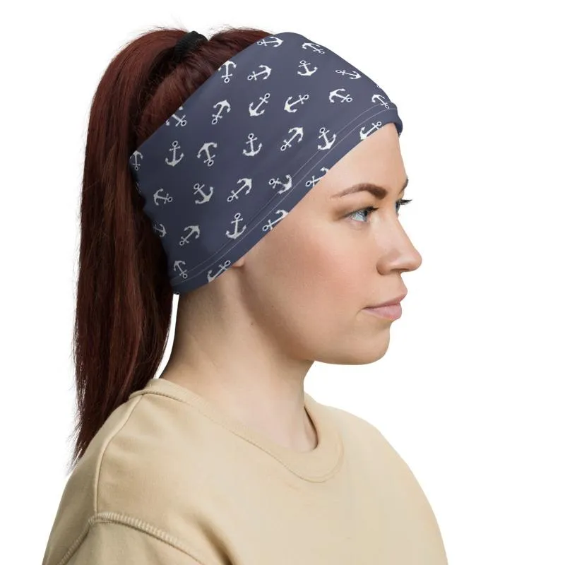 Ship anchor white with purple background pattern mask Face cover, Neck Gaiter scarf, Balaclava Wristband Hairband, Head wrap shield covering