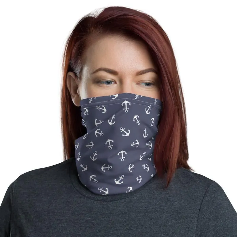 Ship anchor white with purple background pattern mask Face cover, Neck Gaiter scarf, Balaclava Wristband Hairband, Head wrap shield covering