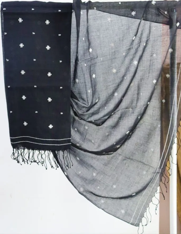 Soul Shoppr Black Jamdani with Ivory Wildflower Buti Stole |Handloom |Organic Cotton