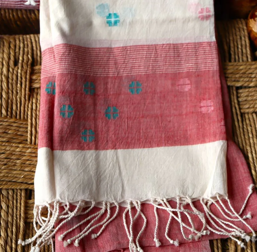 Soul Shoppr Stole Dark Peach Jamdani with Lucky Clover Butis and Tassels|Handloom |Organic Cotton