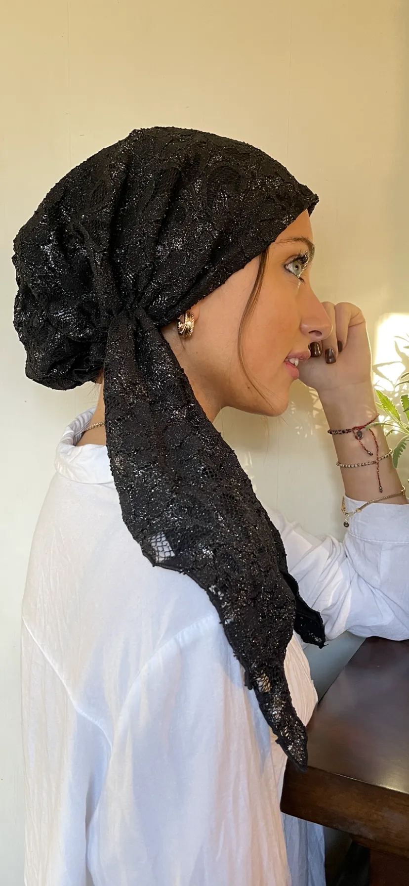 Stunning Black Lace Hair Wrap Pre Tied Head Scarf For Women | Pretty Hijab Tichel Turban | Made in USA by Uptown Girl Headwear