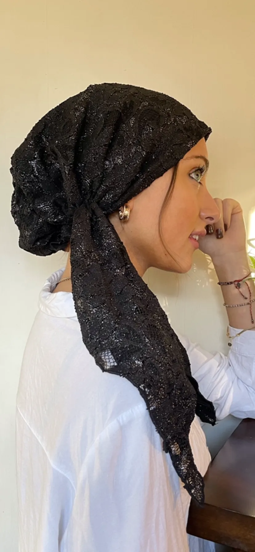 Stunning Black Lace Hair Wrap Pre Tied Head Scarf For Women | Pretty Hijab Tichel Turban | Made in USA by Uptown Girl Headwear