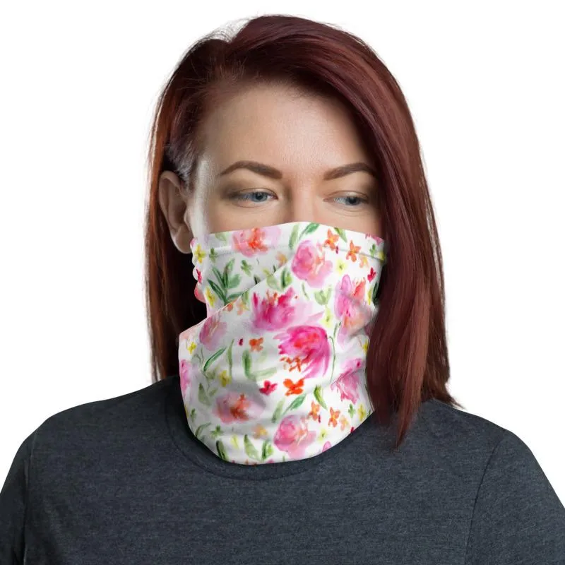 Watercolor victorian white Pink floral flowers rose Neck gaiters face mask covers scarf, Balaclava Beanie scarves, gift for her, girls women