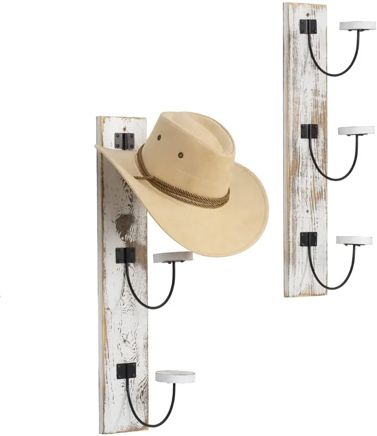 Whitewashed Wood and Black Metal Wire Wall Mounted Vertical Hat Rack, Set of 2